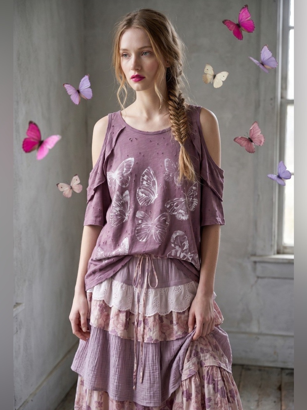 Butterfly Hand painted Cold Shoulder  Top - Purple